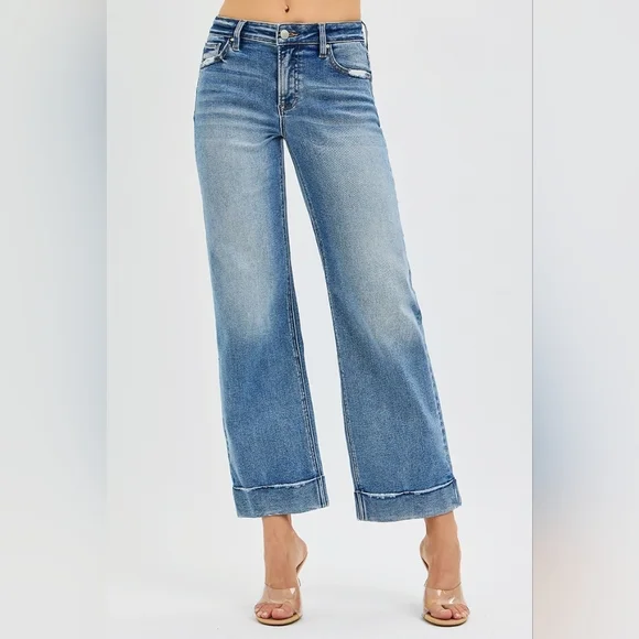 Risen Mid Rise Medium Wash Straight Cropped Tailored Cuff Jeans Various NEW - Picture 6 of 6